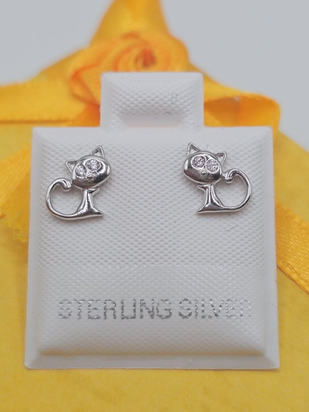Sterling Silver 925 Rhodium Plated CZ Cat Stud Earrings